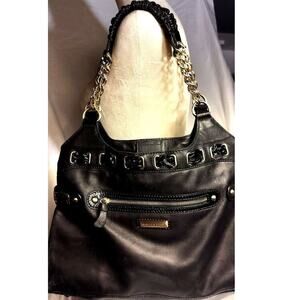 Isabella Fiore NWOT black patent/soft leather shoulder bag with gold metalware